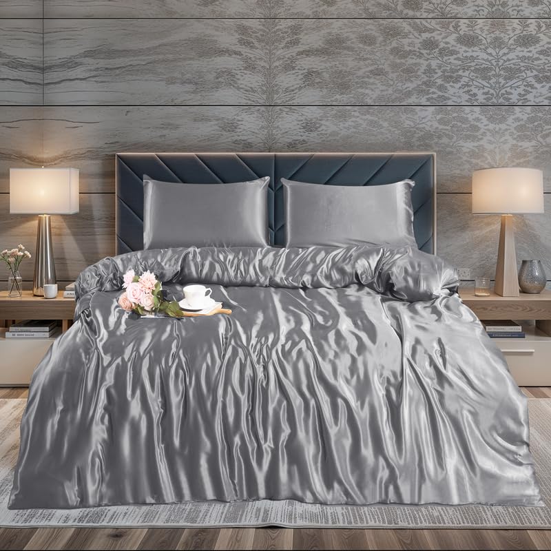 WEAVERS: Luxurious 3-Piece Silky Satin Duvet Cover Set. Reversible Zippered Duvet Cover with a Pair of Pillowcases. (Size King, Colour Silver)