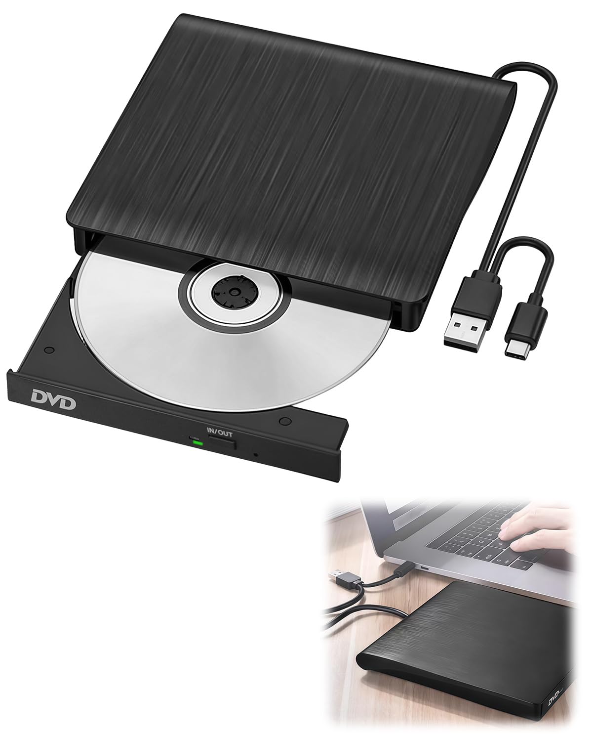 External CD DVD Drive USB Portable Tray Loading Optical Drive DVD-ROM CD-ROM Reader for Laptop Desktop All-in-One Computer Compatible with Windows and Mac OS Black Brushed Dual Cable Design — view 7