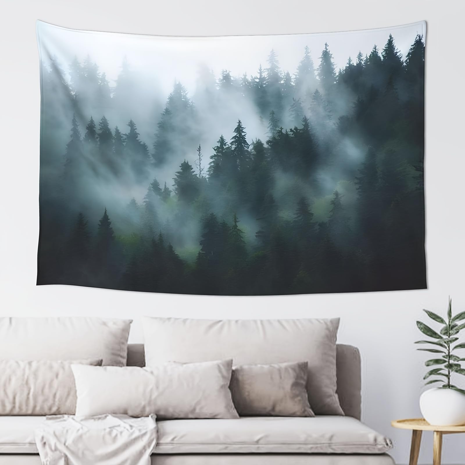 Hulnulnu Night Forest Misty Forest Tapestry, Foggy Tree Wall Hanging Tapestries, Large Tapestry Nature Pine Woodland Wall Art For Bedroom Living Room