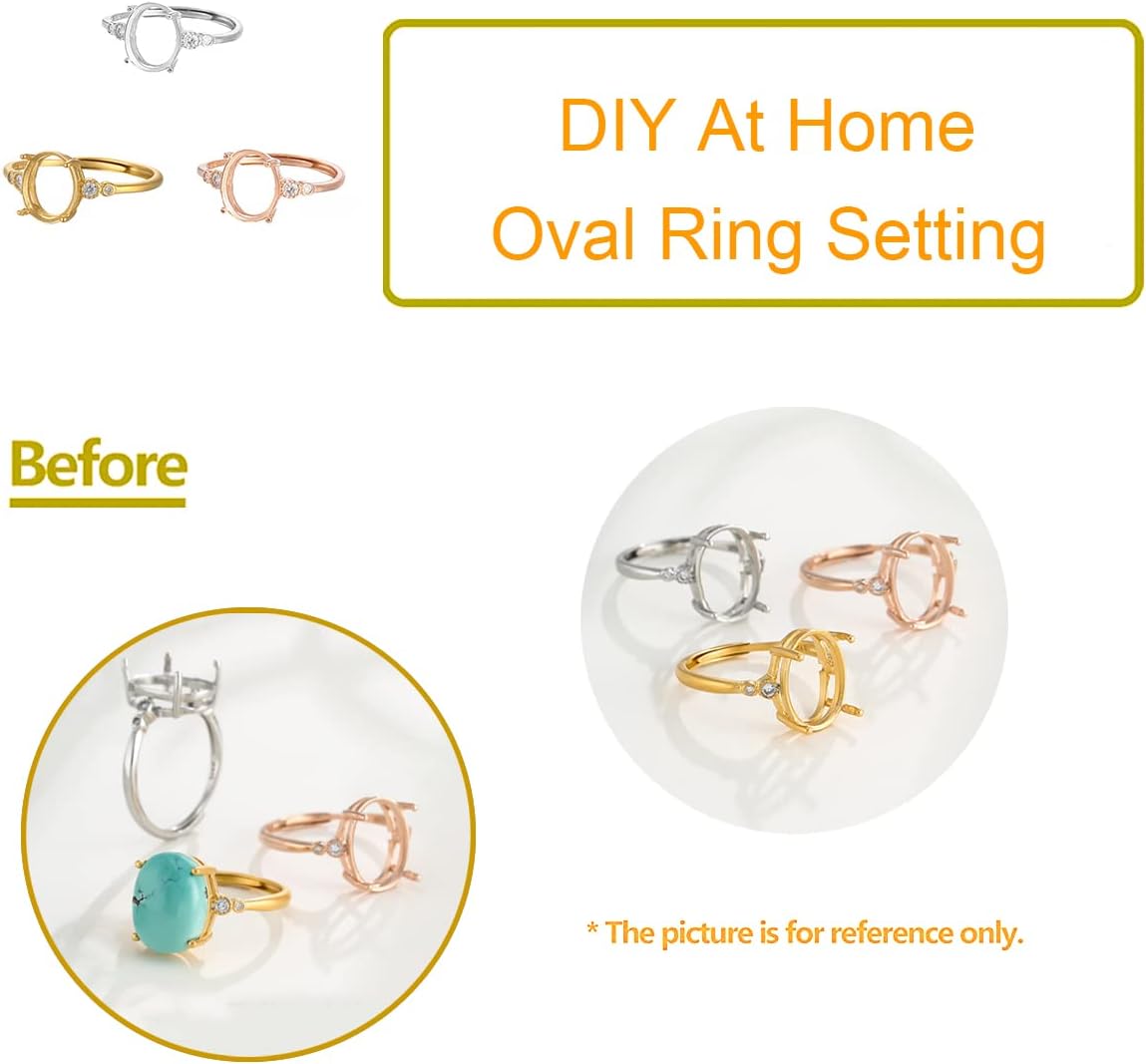 925 Sterling Silver Adjustable Ring Base Blank fit 5x7/6X8/7X9/8x10/10x12/10x14mm Oval Gemstone Prong Ring Cabochon Mounting Setting DIY Jewelry Making Gift for Women