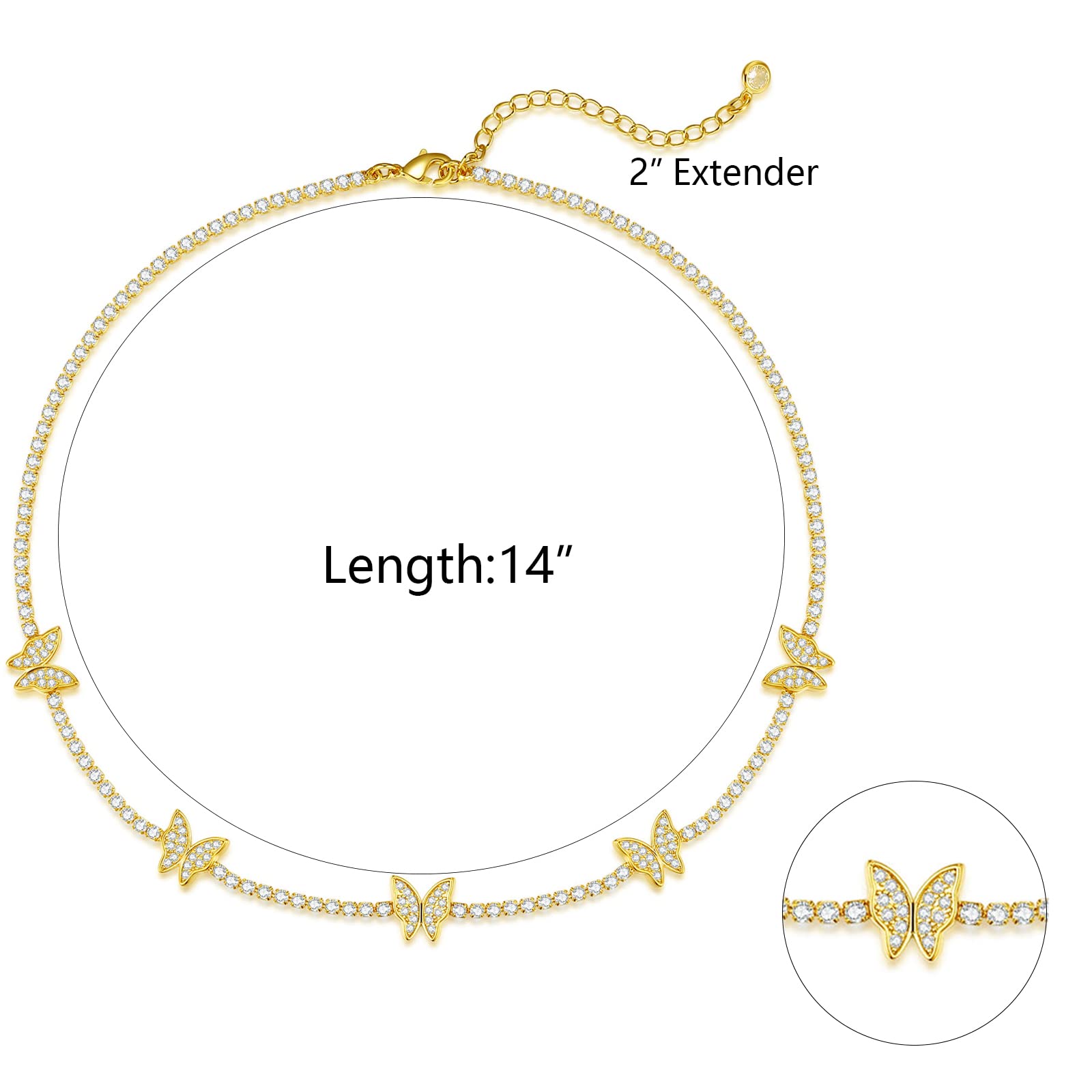 Luxval Tennis Necklace 14K Gold Plated Rhinestone Butterfly Choker Necklaces for women Dainty Zirconia Cut Faux Diamond chain 3mm: Gold-butterfly