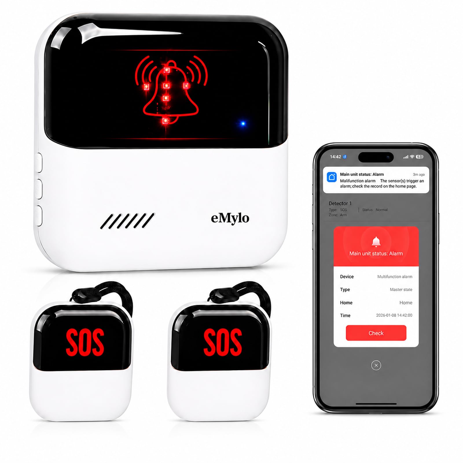 eMylo WiFi Caregiver Pager System, SOS Emergency Call Button for Elderly, Home Medical Alert with App Alerts, No Monthly Fee, 2 Panic Buttons + 1 Receiver, 426Ft Range for Seniors, Patients & Disabled-image-31