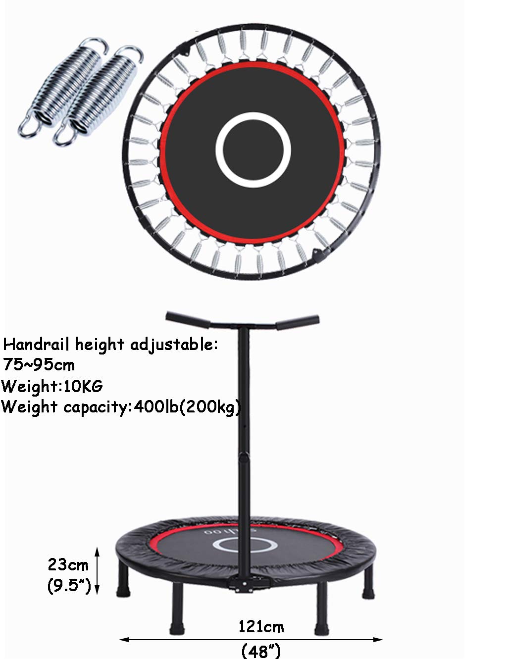 Rebostador Plegable Fitness Trampoline con pasamanos Ajustable, Fitness Rebounder para Interiores y jardín/Gimnasio/Fitness Trampoline, Capacidad de Peso: 200kg