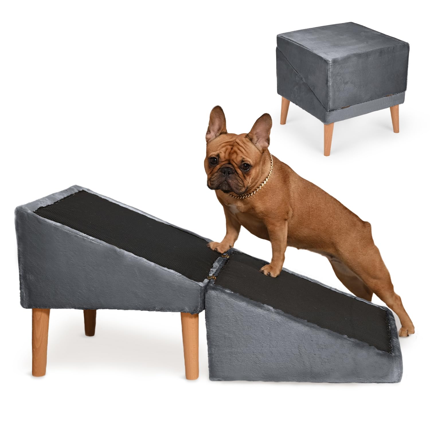 VELORA H&L Hunderampe Dunkelgrau - 2in1 Hundetreppe und Sitzhocker, Klappbare Einstiegshilfe für Sofa und Bett, Stabile Holzkonstruktion mit Veloursbezug, rutschfeste Lauffläche für Hunde und Katzen