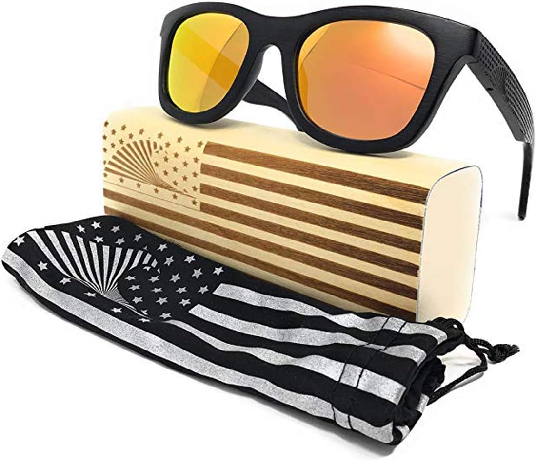 Patriot Shades Sunglasses, Polarized & Floating American Flag Bamboo Wood Sunglasses (BLACK, ORANGE)