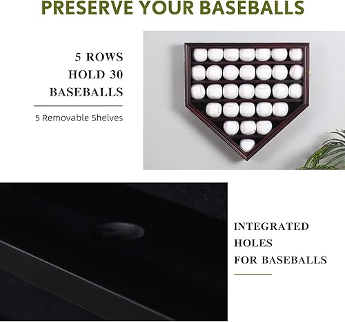 Miniatura 2 de ARRAWIS Vitrina de béisbol de madera maciza 30 soportes de béisbol para montaje en pared caja de sombra de béisbol con cerradura anti decoloración