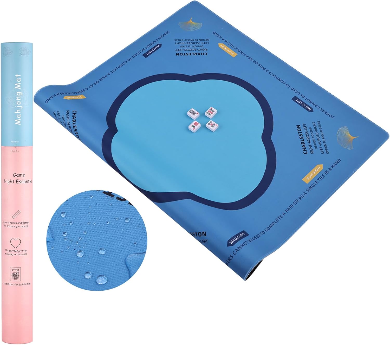 Mahjong Mat & Mah Jongg Mat for Table - Waterproof & Silent, 3mm Thick Non-Slip Game Pad with Unique Designs, Carry Bag & Gift Tube - Premium Mahjongg Accessories (31.5" x 31.5",Blue)