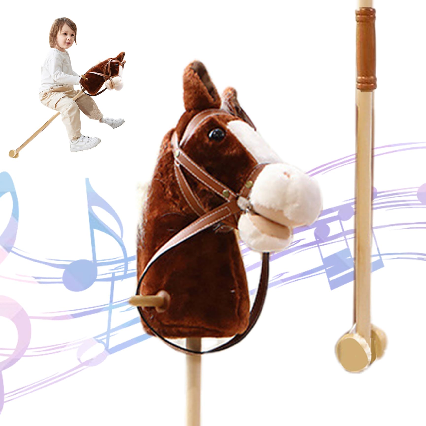 Caballo de palo con efectos de sonido realistas Peluche de 39" de alto Caballo de juguete para Halloween con ruedas y palo de madera Mango antideslizante Juguete para montar a caballo para niños Regal