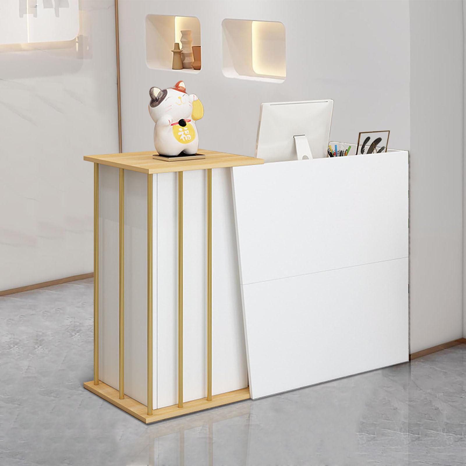 Mostrador Recepcion Madera con 4 Espacio de Almacenamiento Mostradores para Tiendas con 2 Cajones para Recepción para Oficina Clínica Tienda Ropa