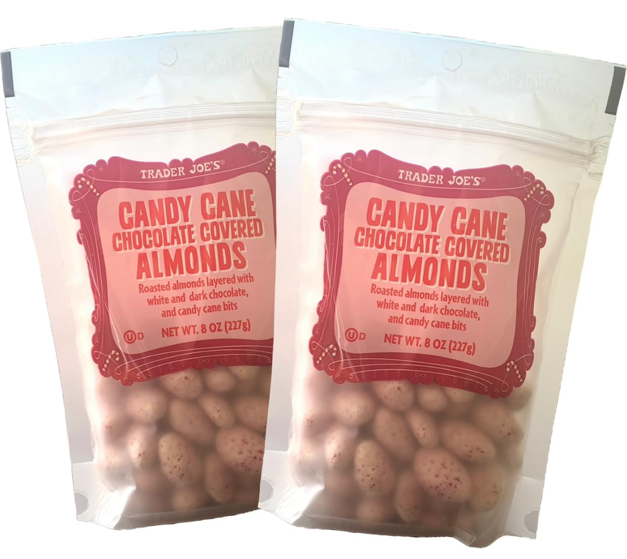 Trader Joe’s Candy Cane Chocolate Covered Almonds 8oz 227g (Two Tubs)