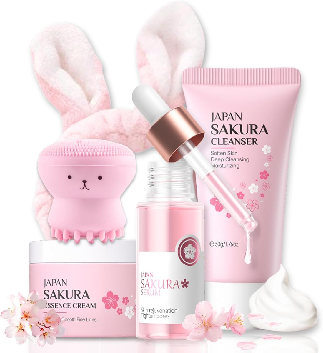 Skincare Set Sakura Teen Girls Gifts Christmas Birthday - Skin Care Set for girls Ages 8-12 - Hydrating Skincare for Teens 10-12 - Travel Size Facial Kit for Women with Cleanser,Bunny Headband(5pcs)