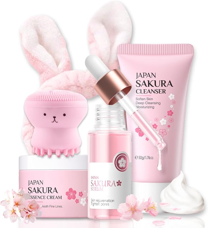 Skincare Set Sakura Teen Girls Gifts Christmas Birthday - Skin Care Set for girls Ages 8-12 - Hydrating Skincare for Teens 10-12 - Travel Size Facial Kit for Women with Cleanser,Bunny Headband（5pcs）
