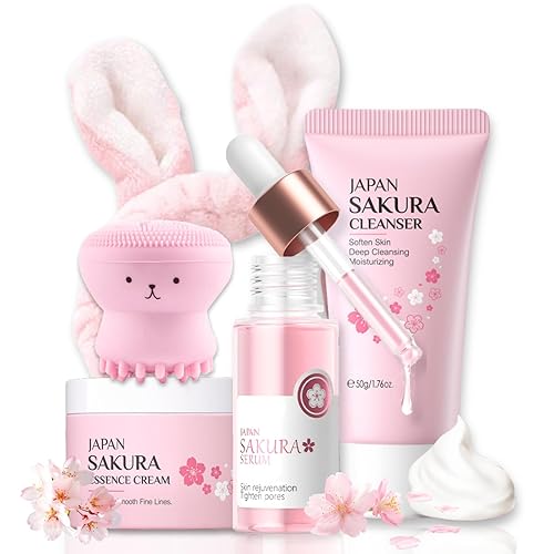 Sakura - Set de cuidado de la piel para adolescentes de 10 a 12 años, hidratante, kit facial de tamaño de viaje para mujeres con limpiador, suero,