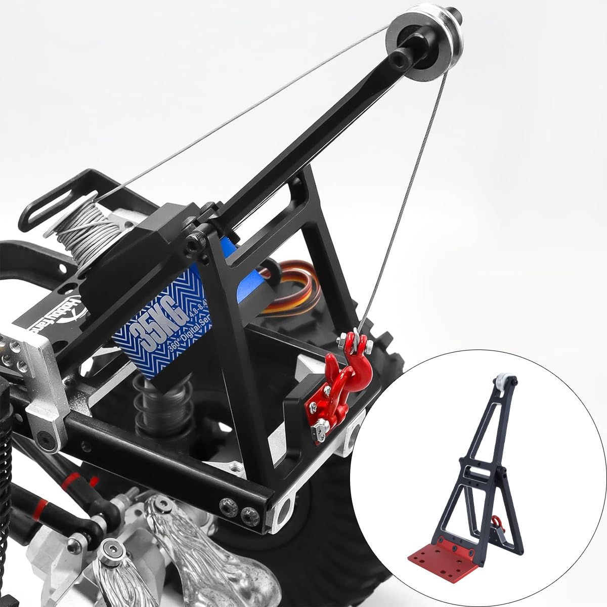 Aluminium RC Winde Doppelstent Rettungsset LKW Abschleppkran Arm Wrecker Kit mit 360° 35KG Servo für 1/10 SCX10 TRX4 RC Crawler