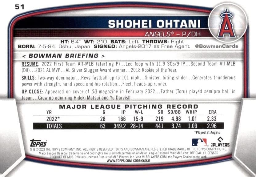 Amazon.com: Shohei Ohtani 2023 Bowman Baseball Series Mint Card