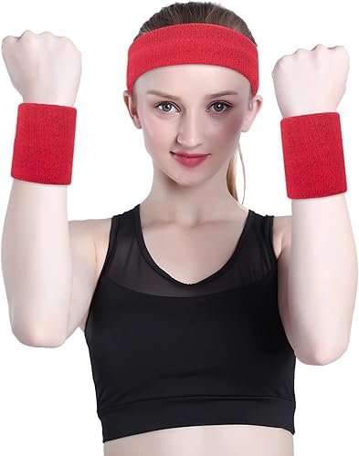 Miniatura 38 de ONUPGO - Conjunto de diadema y muñequeras deportivas para el sudor, hechas de algodón con bucles, muñequeras, contra humedad Rojo/Blanco/Azul