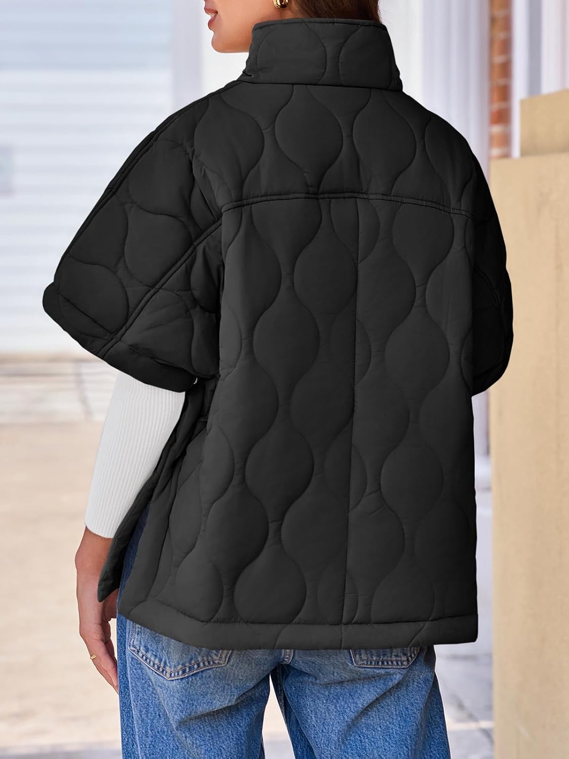 Fazortev Women's Puffer Poncho Pullover Quilted Jacket Short Sleeve Half Zipper Coat Cape Outerwear