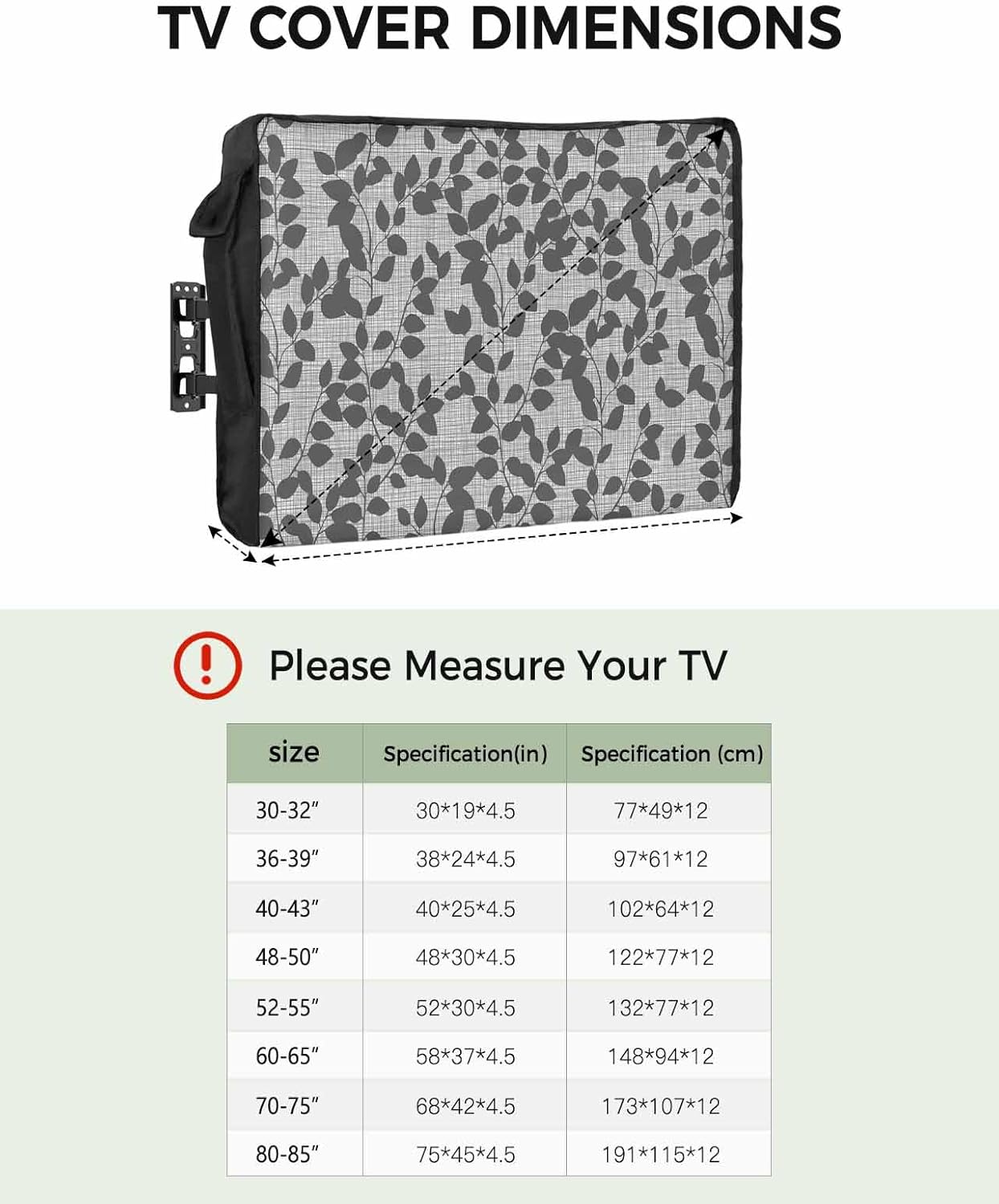 Outdoor TV Cover Farmhouse Botanical Gray Leaves Pattern Waterproof and Weatherproof 48"-50" LCD Movable Shield TV Display Screen Protector Outside Television Covers