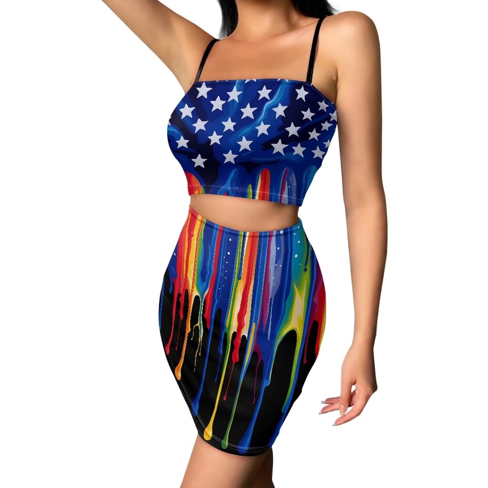 Biyejit Women's 2 Piece Summer Outfits Spaghetti Strap Crop Tops and Bodycon Mini Skirt Dress Set Plus Size S-4XL