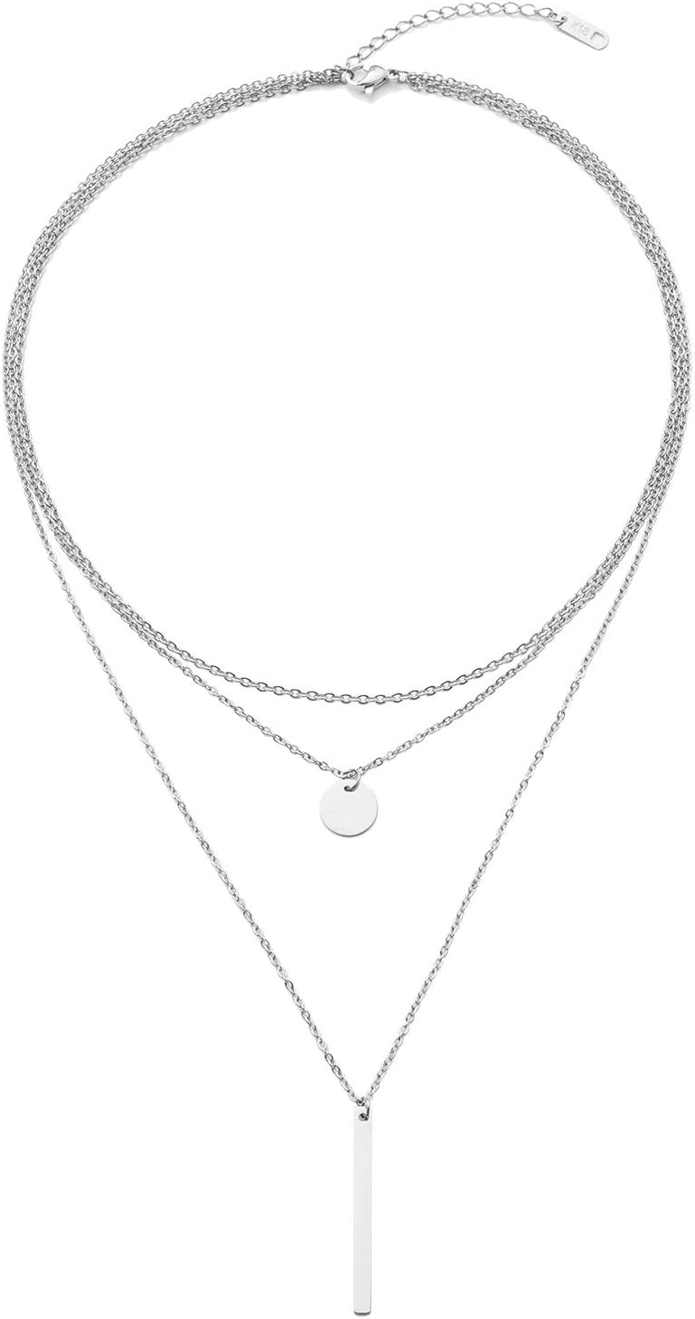 Disc Bar Pendant Layering Necklace Stainless Steel Layered Chain Choker