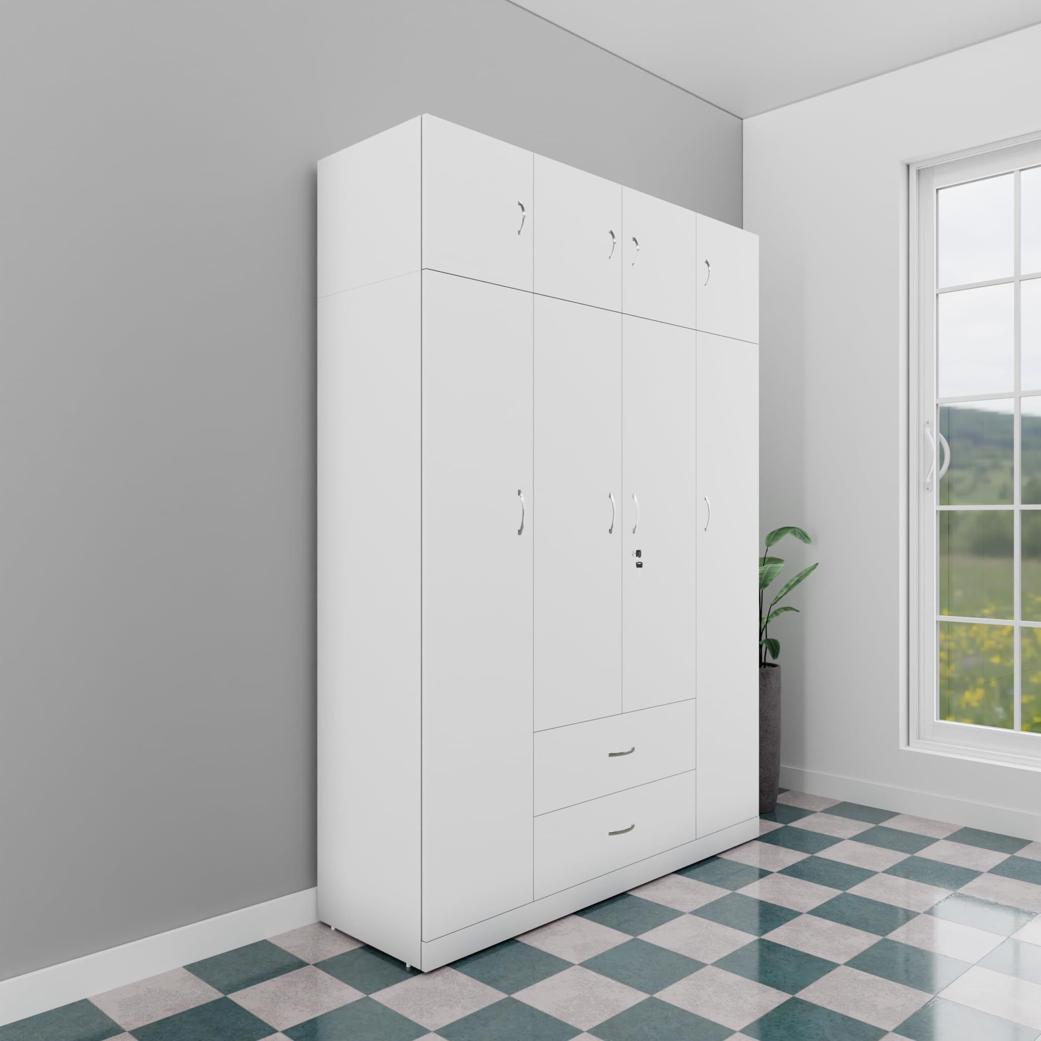 VIKI Wardrobe | Wooden Almirah for Clothes,Door for Bedroom with Loft, 4 Door Wardrobe with Drawer & Hanging Space (Frosty White - 40D x 160W x 220H) | 1 Year Warranty
