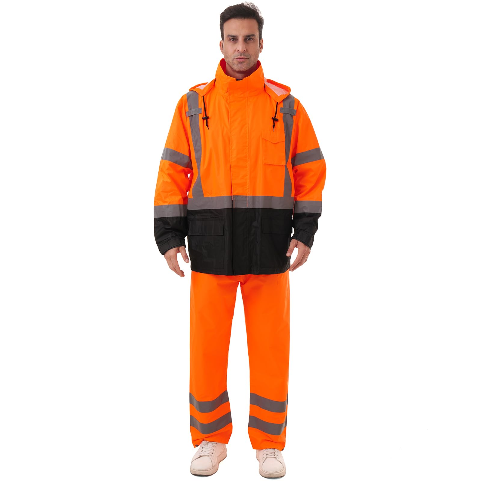 Hi Vis Safety rain Jacket，Reflective Class 3 Rain coat with Inner Mesh Lining and Pockets High Visibility Waterproof work Rain Suits for men&amp;women（Tangerine,SM/MD）