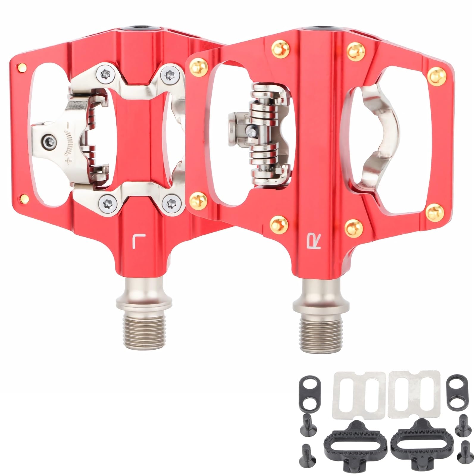 Pedales de Bicicleta de montaña, Plataforma Dual multiplataforma, compatibles con calas SPD, rodamientos, Ligeros, de Aluminio, con calas para Carretera.(Red)