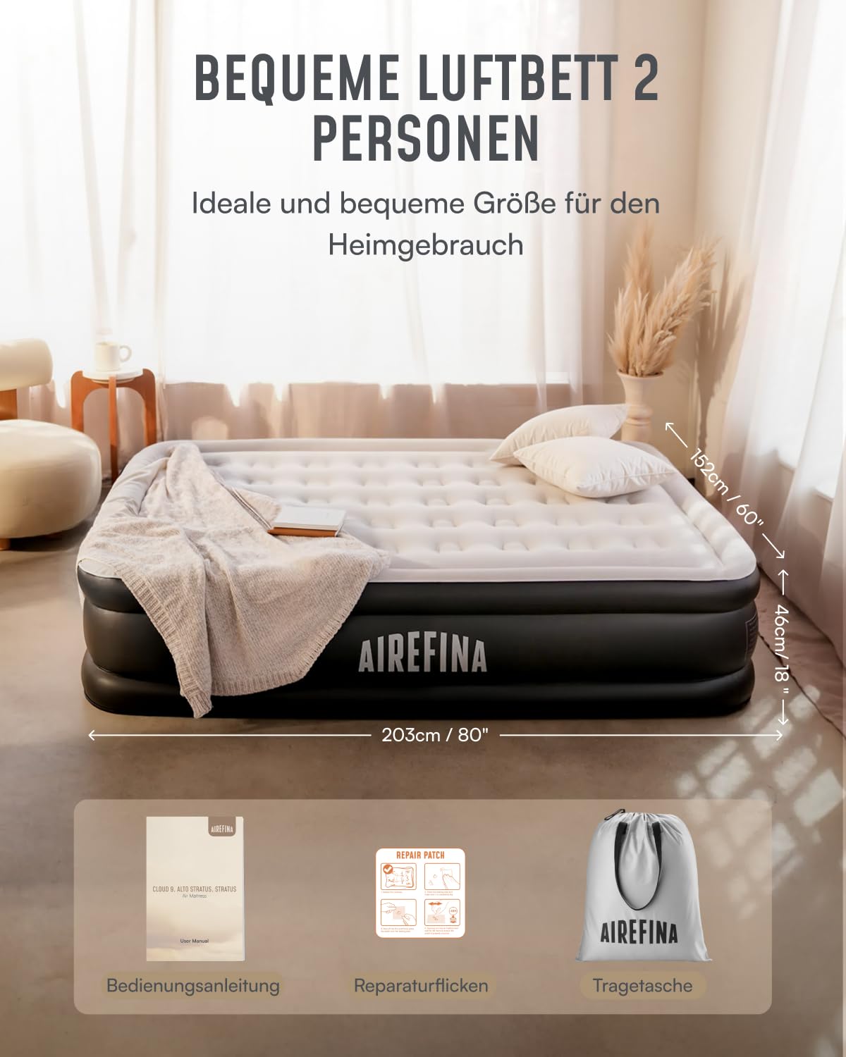 Airefina Luftbett 2 Personen, Luftmatratze Selbstaufblasend mit Integrierter Pumpe, Aufblasbare Matratze in 3 Minuten, Luftbett für Camping &Heimgebrauch, Langlebig Gästebett -203 x 152 x 46cm