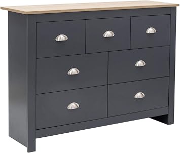 GFW Lancaster Slate Blue and Oak 7 Drawer Merchant Chest of Drawers, Country Style Bedroom Storage Unit with Oak Effect Top