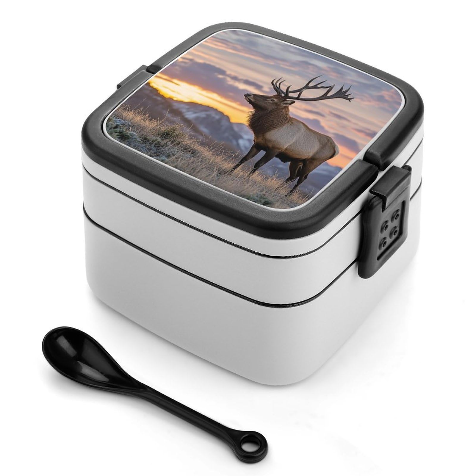 VstaDank Red Deer Bull Elk Sunset Bento Box with Compartments Portable Lunch Containers with Spoon Leak Proof Bento Lunch Box Snap-On Design Double-Layer Insulated Lunch Boxes for Work Camping
