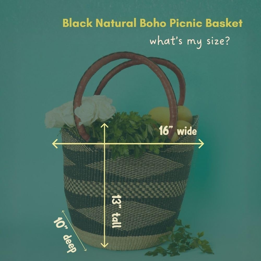 Natural Black Picnic Basket, Wicker Basket, Harvest Basket, Farmers Market Bag, Produce Basket, Woven Tote, Basket Bag, Beach Basket, Handles, 16" Wide - Image 2