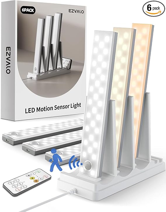 EZVALO 6-Pack Under Cabinet Lighting with Charging Station, 2000mAh Rechargeable Wireless Motion Sensor Lights, 3 Color Temps, Dimmable, Timer, Magnetic, with Remote Control for Kitchen, Closet, Stair