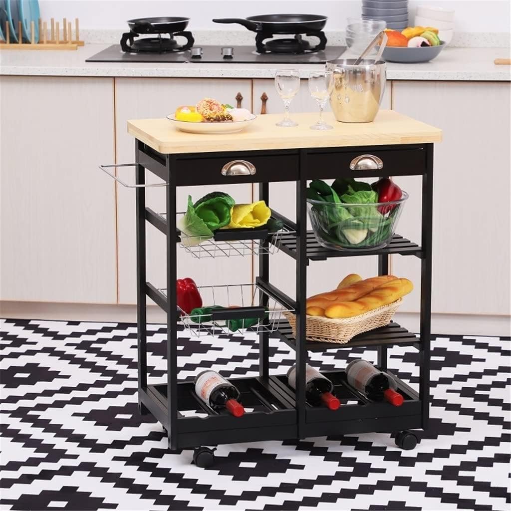 Kitchen Trolley Shelving Auxiliary Trolley with Wheels with Shelf Drawer Cupboard 74x37x76cm Black (D 74x37x76cm) (D 74x37x76cm)