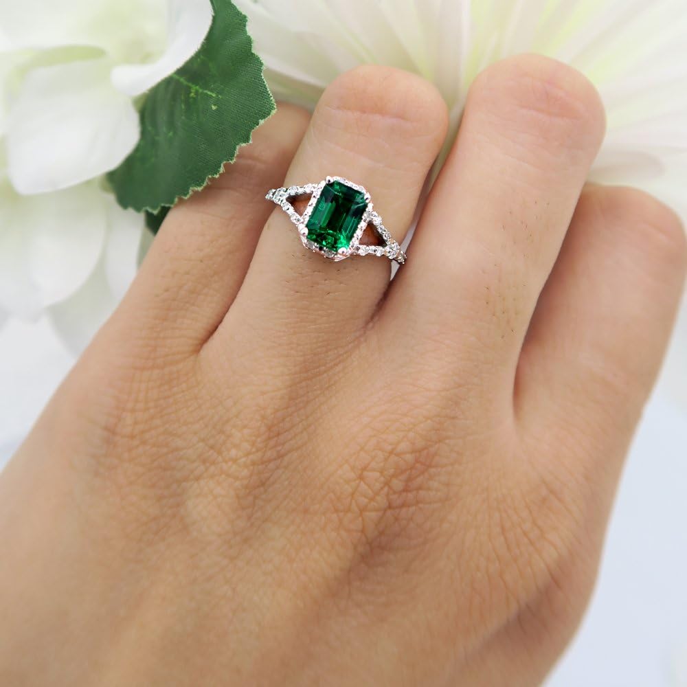 Dazzlingrock Collection 7x5mm Emerald Cut Lab Created Emerald & Round White Natural Diamond Halo Split Shank Engagement Ring for Women in 925 Sterling Silver