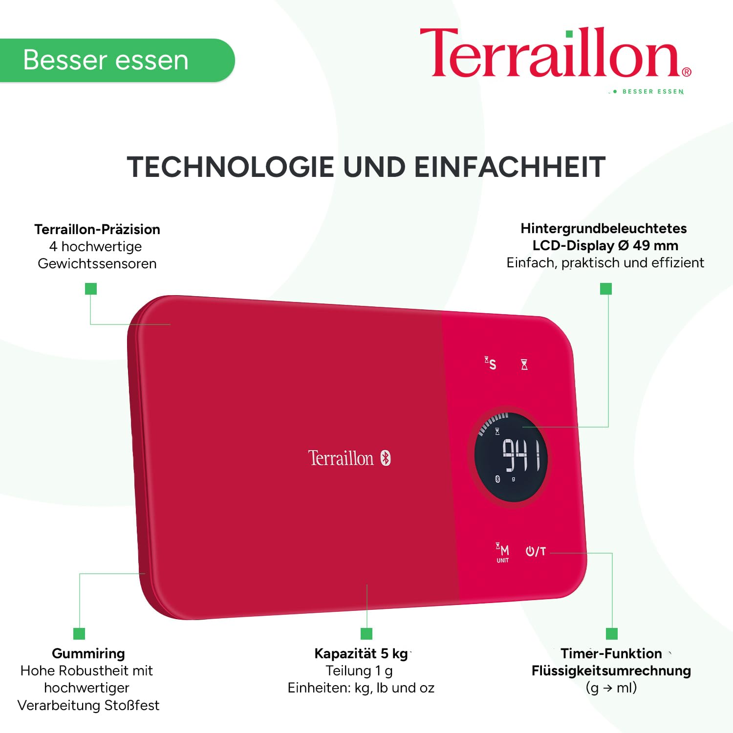 Terraillon Küchenwaage, Mit Smartphone/Tablet verbindbar, Berechnung der Energieaufnahme, Mit Tara-Funktion, Flüssigkeitsanzeige, Timer, Bluetooth Smart, 5 kg, NutriTab, Cranberry Rot