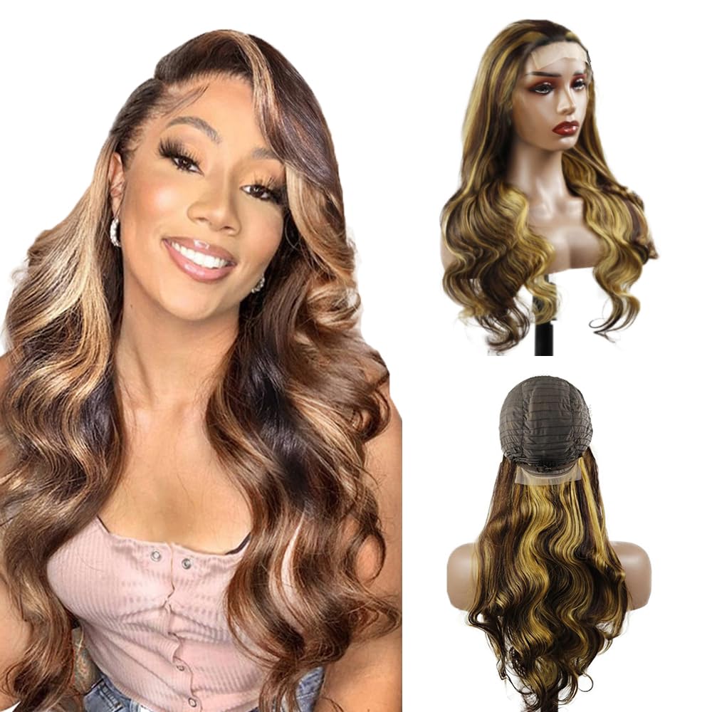Weeybay Body Wave P4/27 Chocolate Brown With Honey Blonde Highlights 4x4 Lace Front Wigs 28 Inch 180% Density Virgin Natural Hairline Human Hair Wig