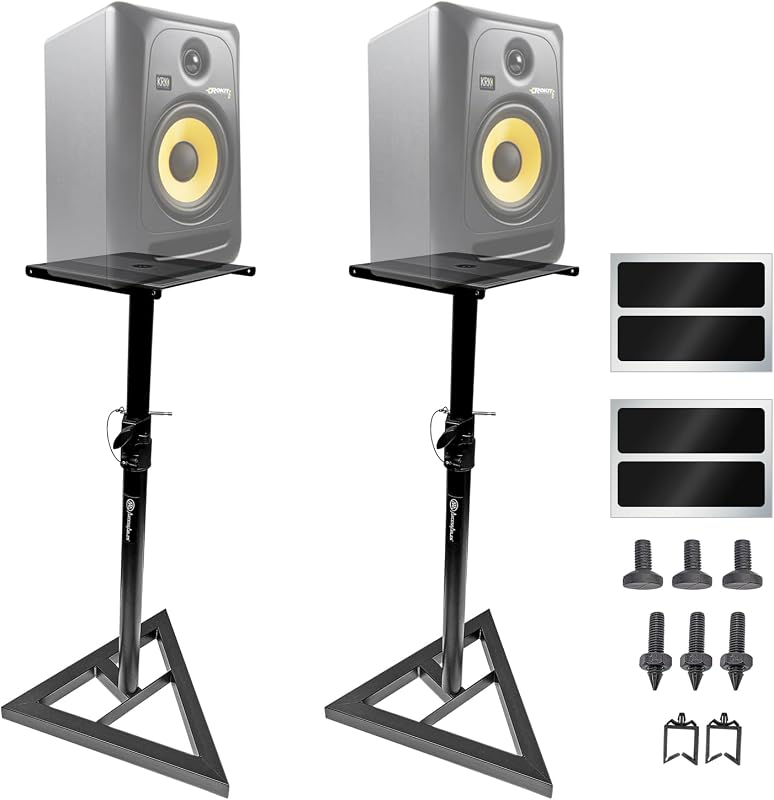 Par de soportes para parlantes para monitor de estudio AxcessAbles. Capacidad de 80 lb por soporte. Altura ajustable 26" - 42". Soportes construidos en metal ideales para sonido envolvente, estanterías y parlantes de monitoreo