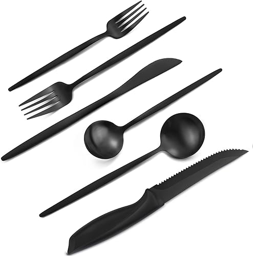 Juego de cubiertos de 48 piezas de color negro mate con cuchillos para carne, vajilla con acabado satinado, para el hogar y el restaurante, servicio