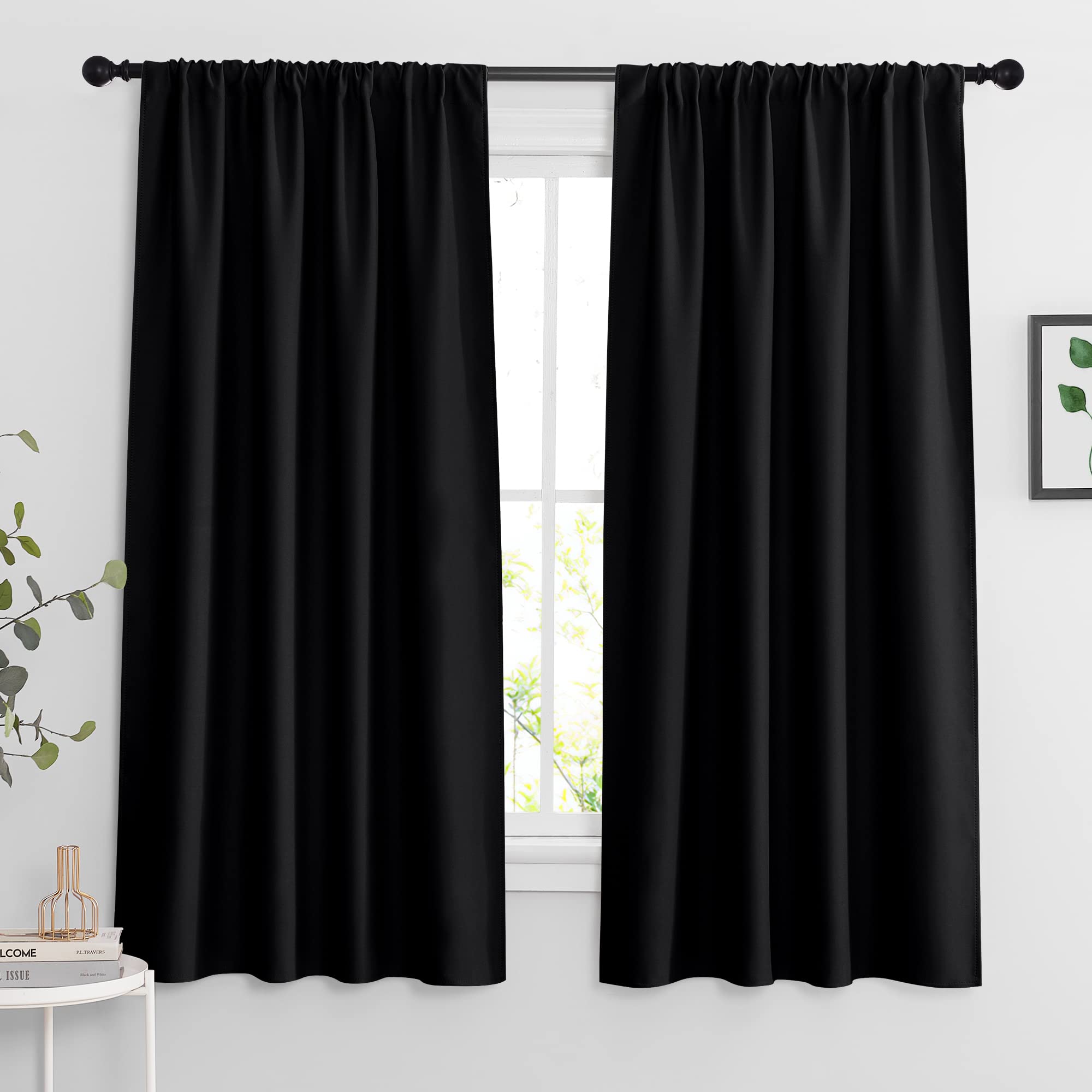 RYB HOME Black Living Room Curtains 63 inch Length, Blackout Energy Efficient Window Covering Heavy Duty Vertical Privacy Drapes for Nursery Girls Room Classroom W42 x L63 inch, 2 Panels