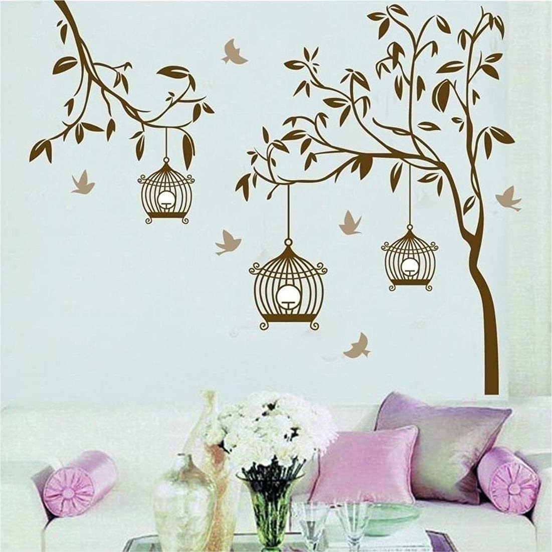 PrintartPrintart 'Creative Beautiful 'Tree with Birds and Cages' Wall Sticker for Living Room, Bedroom, Kids Room (PVC Vinyl, 140 cm x 110 cm)