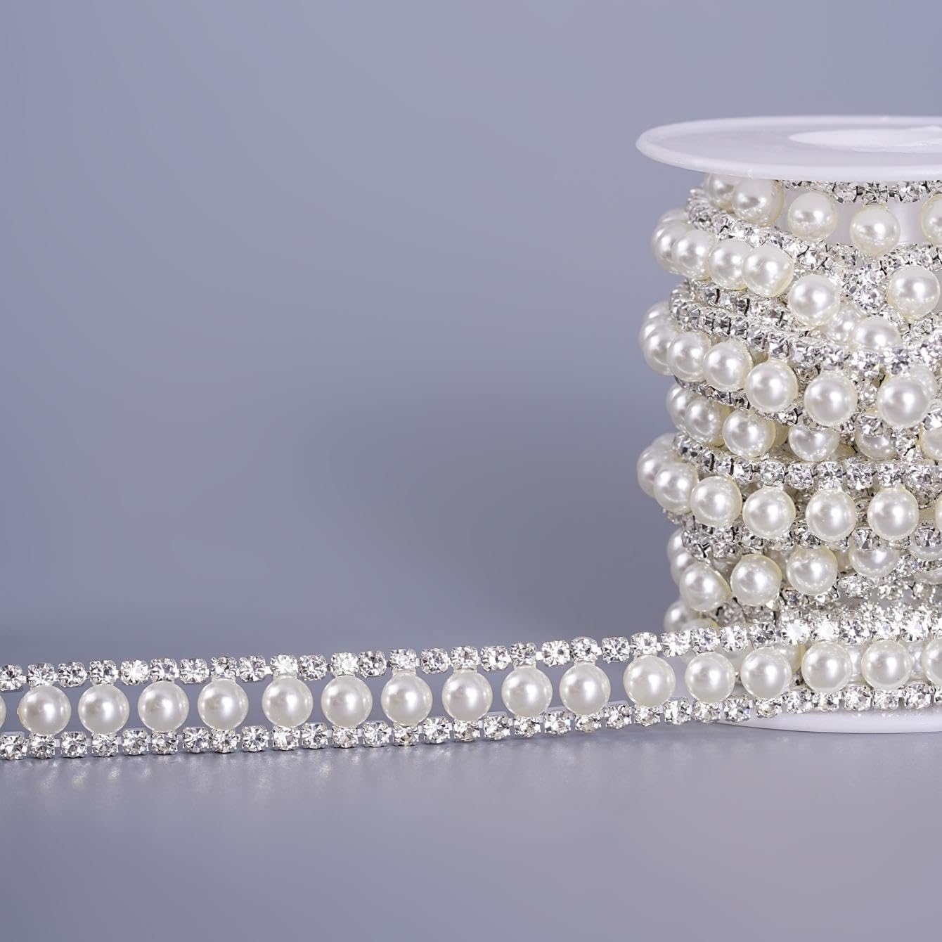 2 Yard 2 Rows Rhinestone Trim, Crystal Chain Inlaid White Pearl Beaded