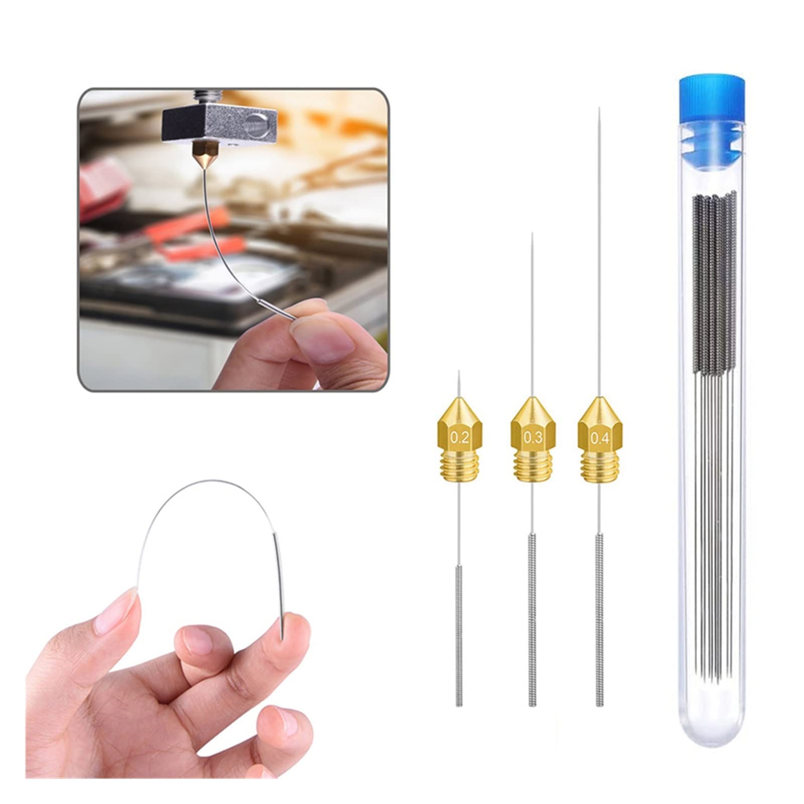 DAVBIR MK8 0,4 mm Ottone/Acciaio Inossidabile/Acciaio Duro Set di Aghi for la Pulizia dell'ugello estrusore hotend for Parti di Stampa 3D CR-10 da 1,75 mm Perfection