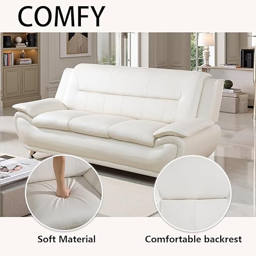 Miniatura 4 de Conjunto de sofá de cuero blanco moderno - 3 plazas + 2 plazas, sofá individual adecuado para sala de estar contemporánea, estilo claro, material y