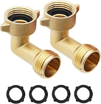 90 Degree Garden Hose Elbow, 3/4" Solid Brass Water Hose Connectors and Fittings Heavy Duty Hose Pipe Adapter for RV Water Hookups Residential Outdoor Faucets Without Shut Off Valves