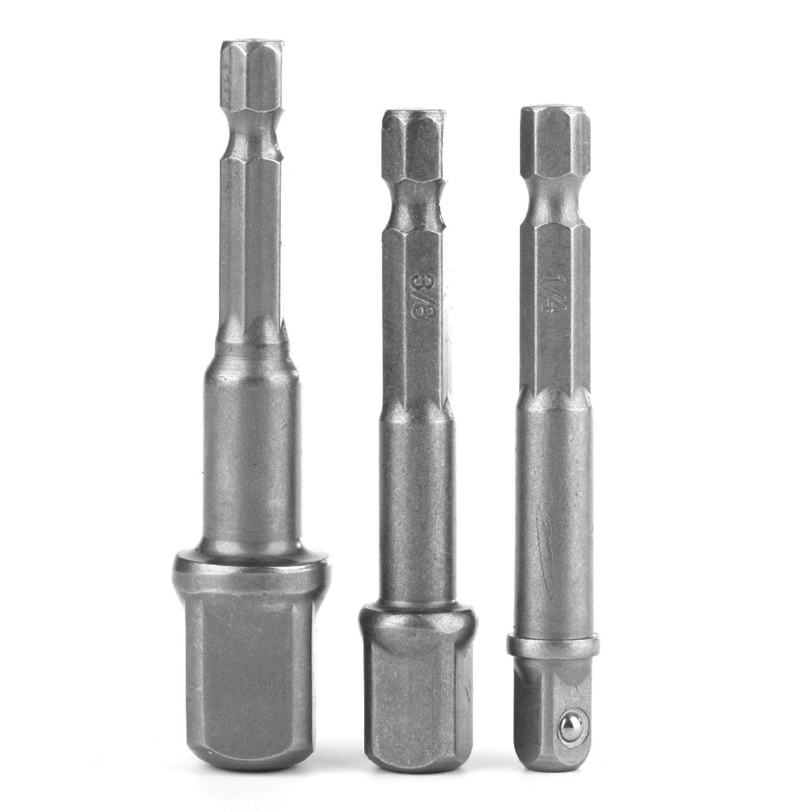 Llave de Vaso para Taladro eléctrico, 3 Piezas de vástago Hexagonal de 1/4" a Adaptador Cuadrado de 1/4" 3/8" 1/2" para Llave de Vaso para Taladro eléctrico