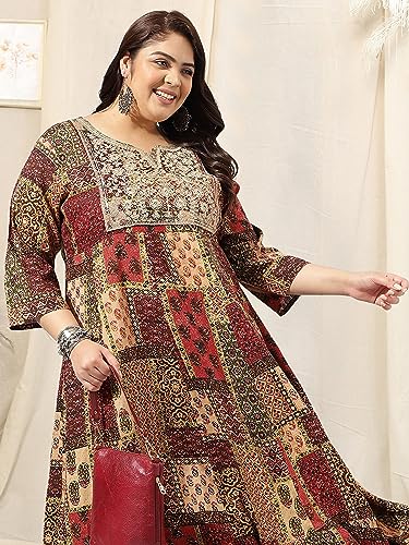 Image of MIRCHI FASHION Women Cotton Regular Plus Size Embroidered Printed Anarkali Kurti