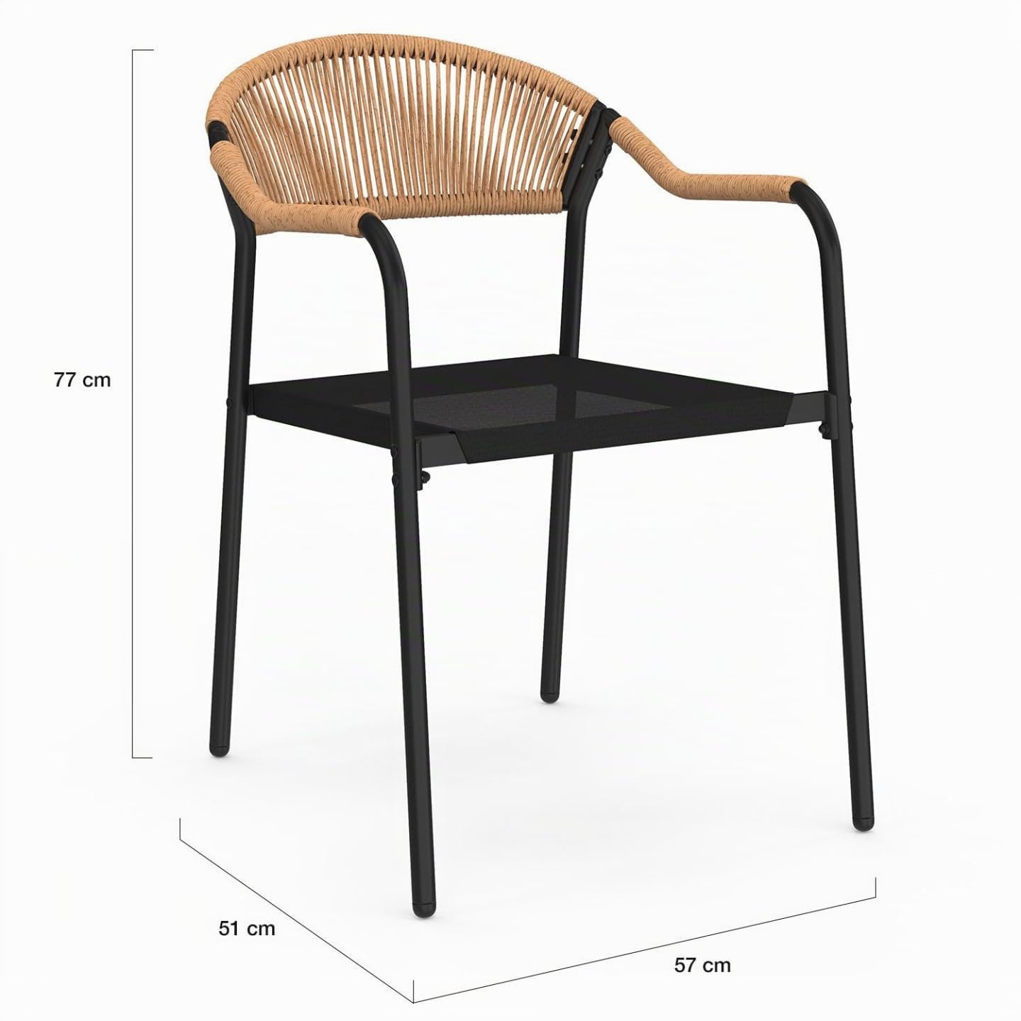 IDMarket - Lot de 6 chaises de Jardin Madeira métal, Cordage et textilène Noir et rotin Clair