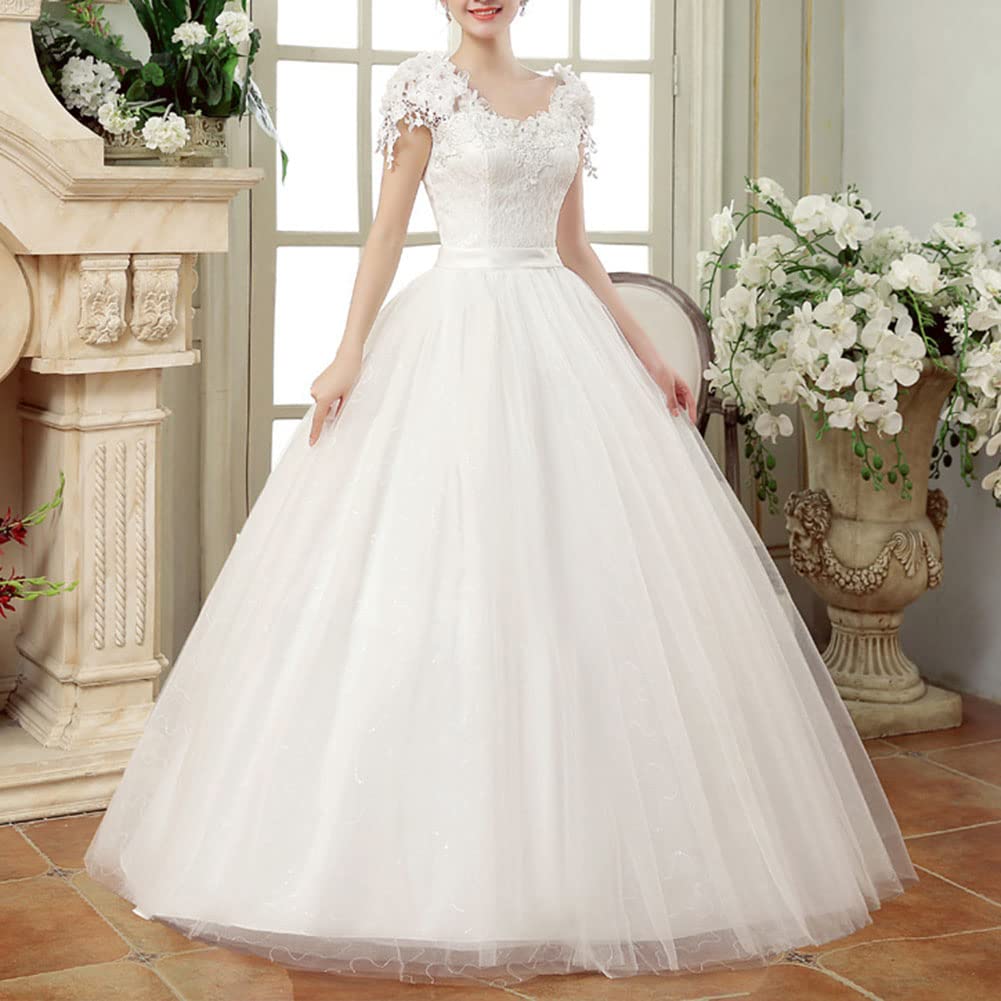 GUOCU Robe de Mariée Femme Asymétrique Dentelle Longue A Line Taille Empire Élégante Tulle Robe de Mariage en Double V-Col Et Manches Courtes