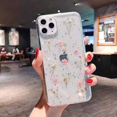 Miniatura 6 de YTanazing Funda diseñada para iPhone 15, funda de goma suave y transparente flexible prensada con flores reales secas para niñas, funda protectora