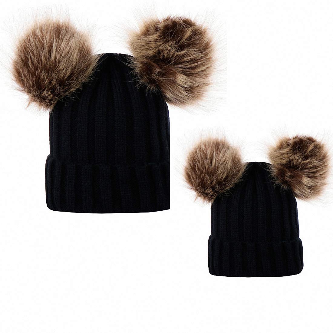 Ulalaza 2PCS Mother&Baby Hat Parent-Child Hat Family Matching Cap Winter Warmer Knit Wool Beanie Ski Cap BLK